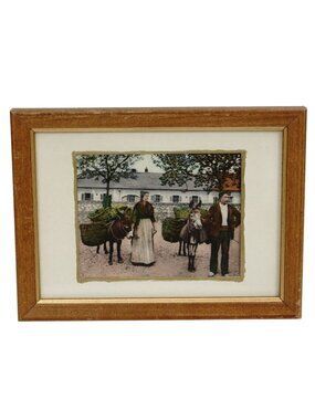 Vintage Print Wood Framed Couple w/ Donkeys Postcard Art Wall Decor 5.75"x 7.75"
